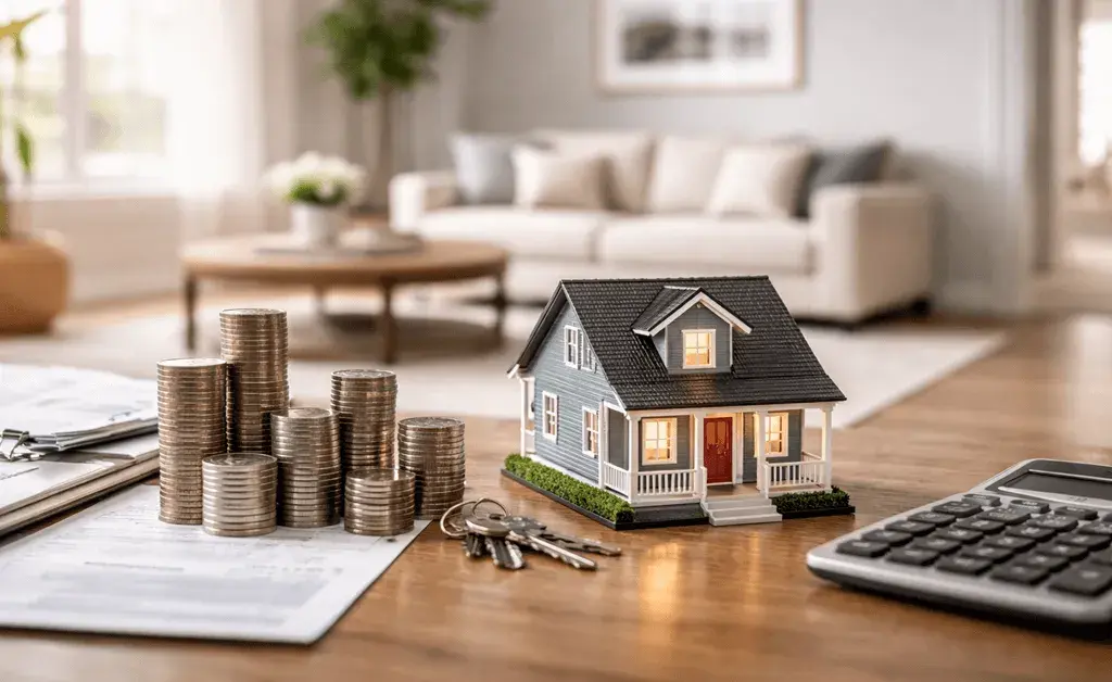 Property investment costs with house model, calculator and money